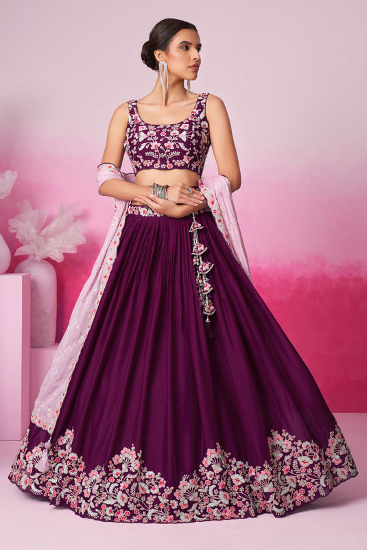 Excellent Georgette Fabric Burgundy Color Wedding Wear Lehenga Choli With Sequins Work