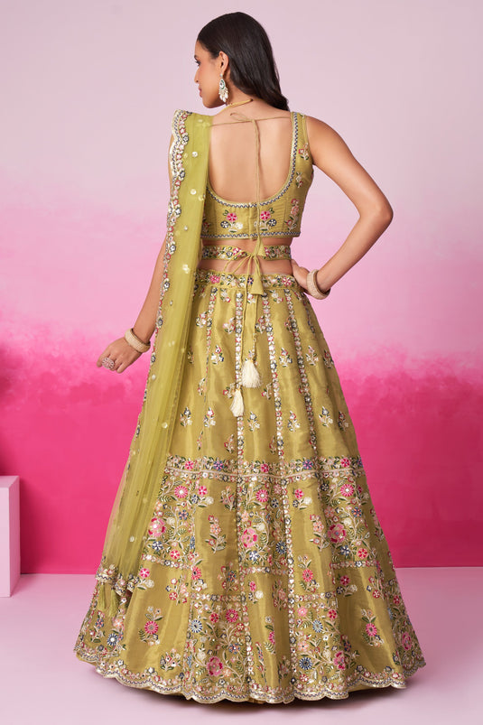 Sequins Work Mustard Net Fabric Sangeet Wear Lehenga Choli