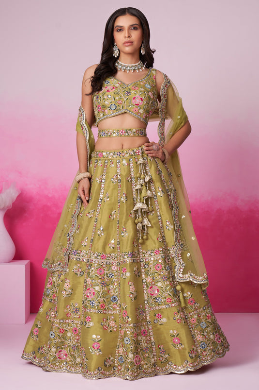 Sequins Work Mustard Net Fabric Sangeet Wear Lehenga Choli