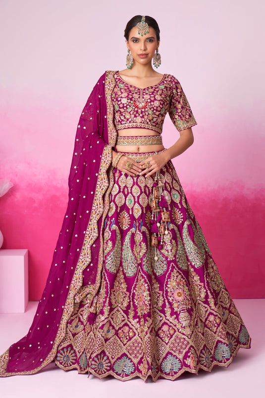 Silk Fabric Wedding Wear 3 Piece Lehenga Choli In Burgundy Color With Sequins Work