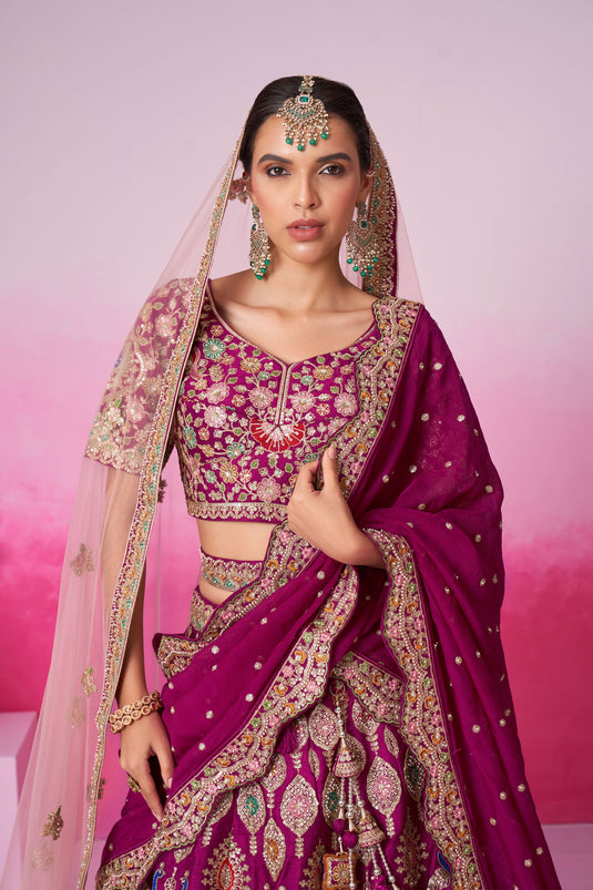 Silk Fabric Wedding Wear 3 Piece Lehenga Choli In Burgundy Color With Sequins Work