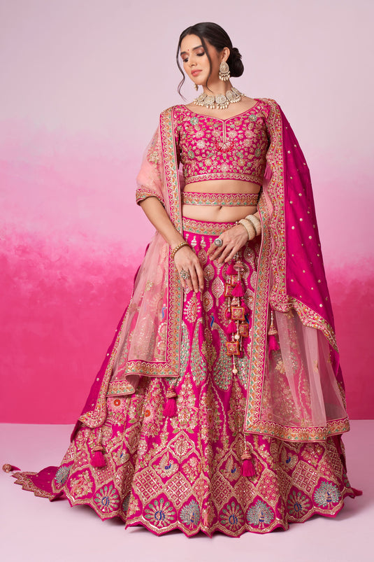 Silk Fabric Pink Color Wedding Wear 3 Piece Lehenga Choli With Sequins Work