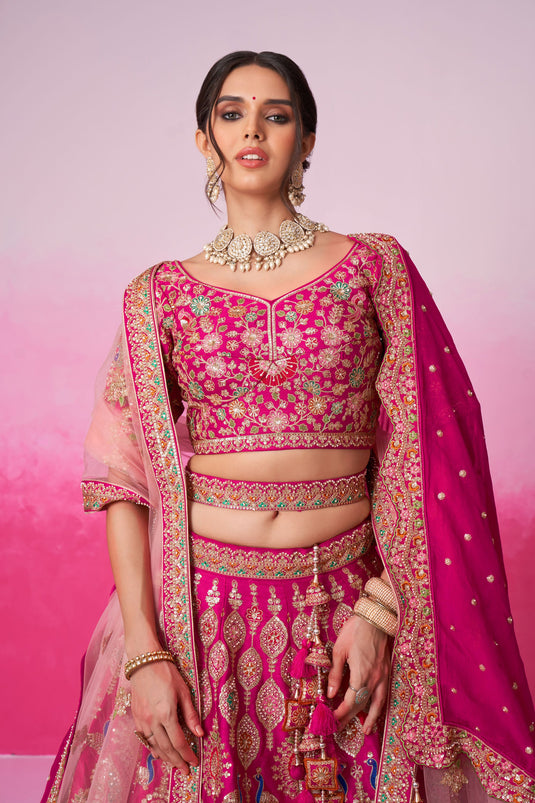 Silk Fabric Pink Color Wedding Wear 3 Piece Lehenga Choli With Sequins Work