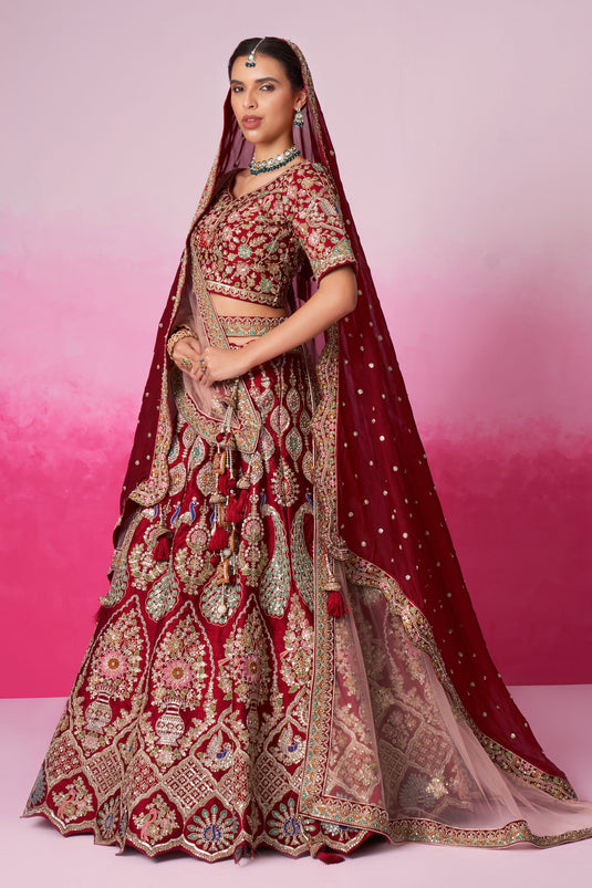 Red Color Designer Bridal Lehenga Choli With Sequins Work Silk Fabric