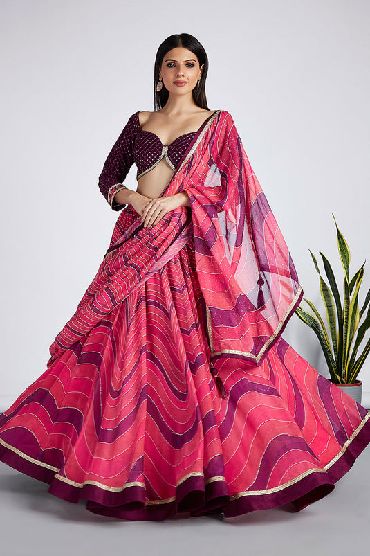 Pink Organza Sangeet Wear Lehenga With Printed Work And Alluring Blouse