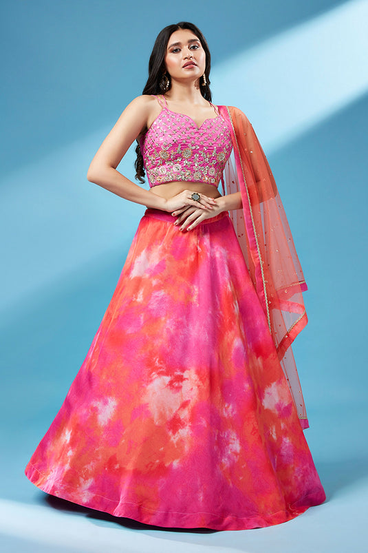 Organza Fabric Occasion Wear Printed Work Lehenga In Pink With Blouse
