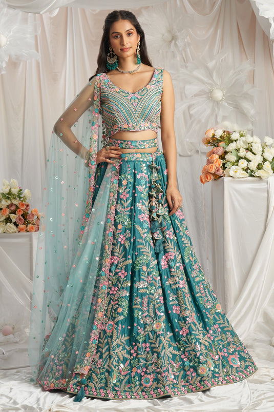 Teal Wedding Wear Poly Georgette Lehenga Choli