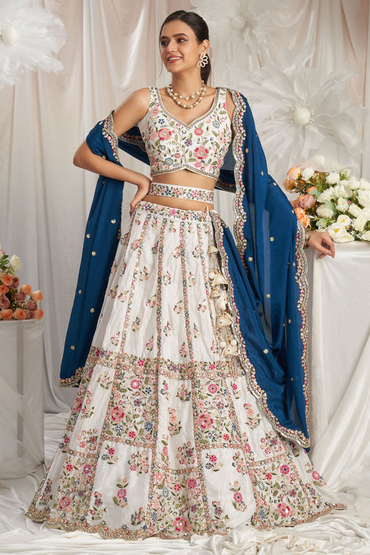 Poly Georgette Sequins Work Off White And Navy Blue Designer Lehenga Choli