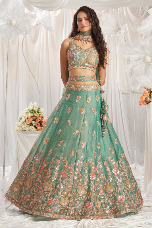 Lime Green Wedding Wear Organza Lehenga Choli