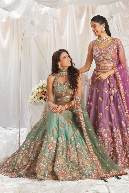 Lime Green Wedding Wear Organza Lehenga Choli