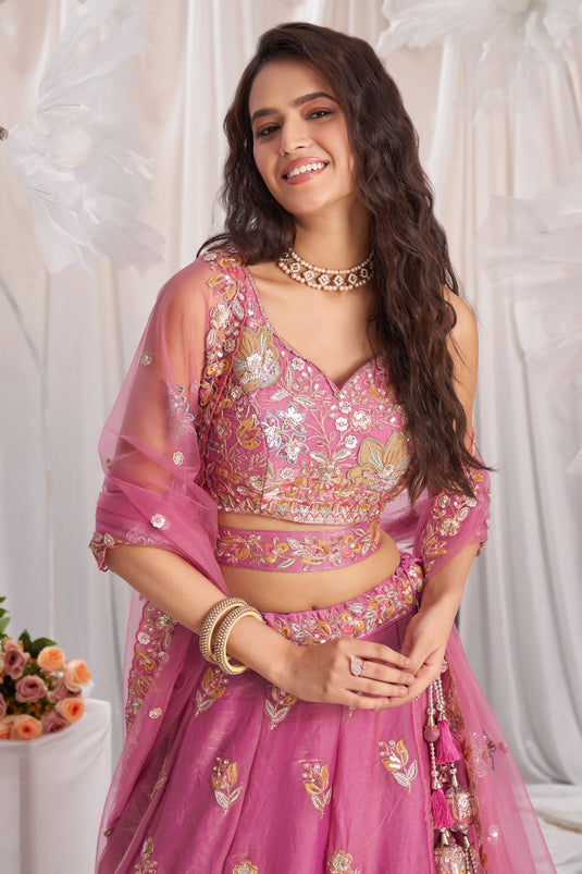 Divine Organza Pink Sequins Work Designer Lehenga Choli