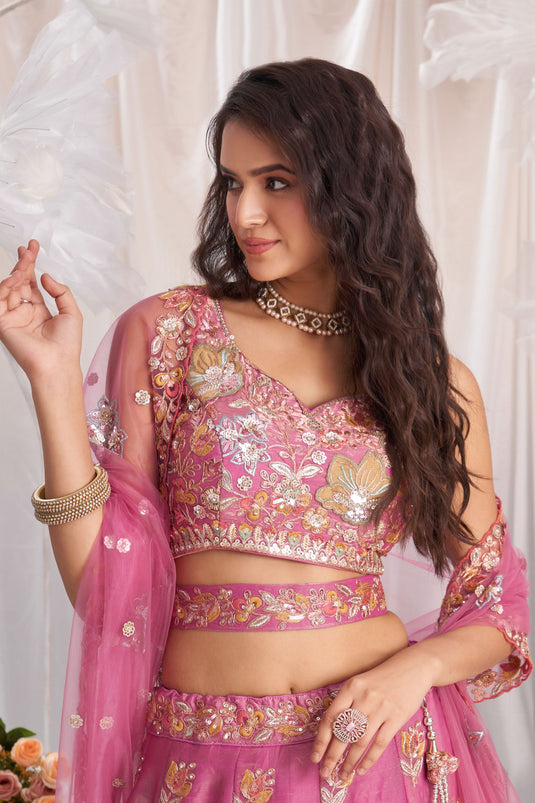 Divine Organza Pink Sequins Work Designer Lehenga Choli