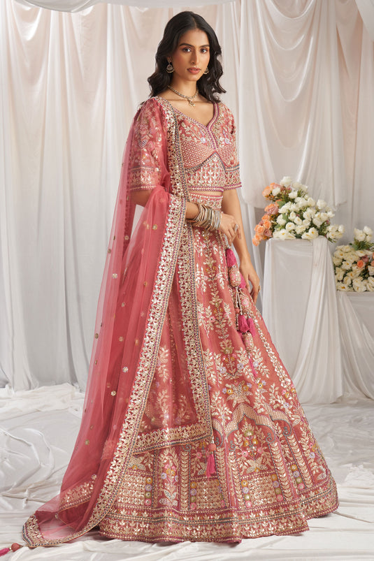 Tissue Rose Gold Embroidered Trendy Lehenga Choli