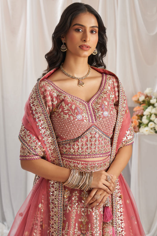 Tissue Rose Gold Embroidered Trendy Lehenga Choli