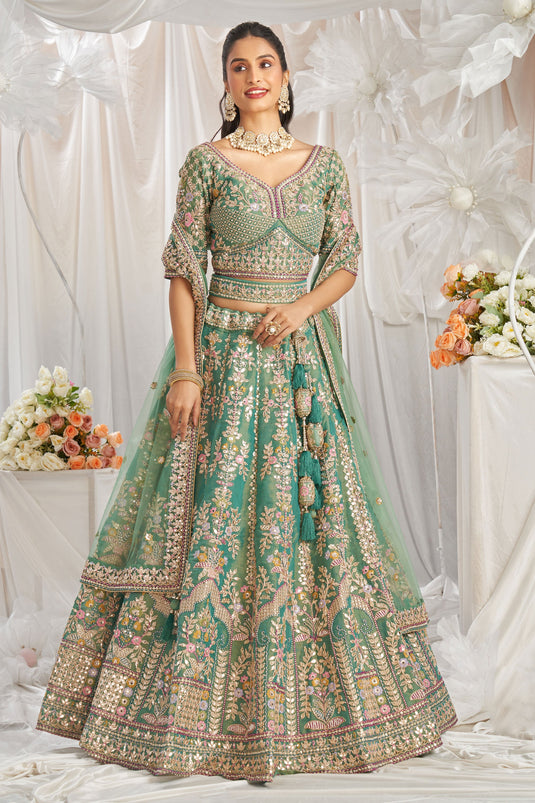 Extraordinary Tissue Sequins Work Sea Green Lehenga Choli