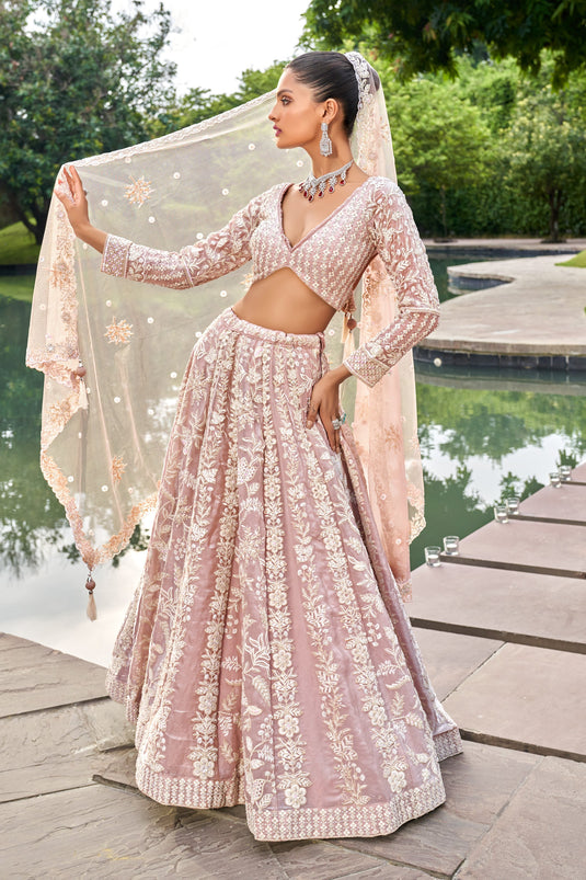 Embroidered Organza Designer Lehenga Choli In Pink Color