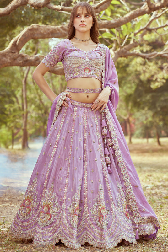 Ruby Lavender Pure Tissue Heavy Embroidered Bridal Lehenga Choli