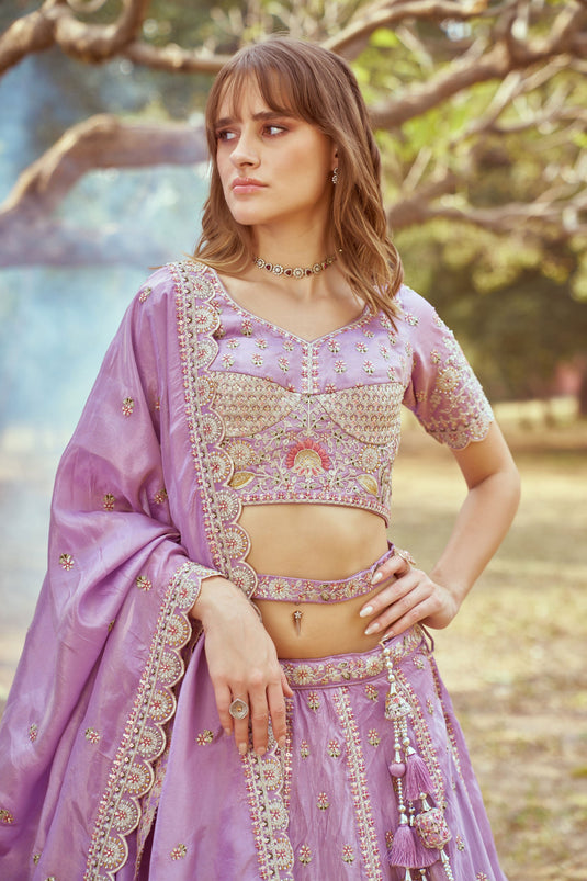 Ruby Lavender Pure Tissue Heavy Embroidered Bridal Lehenga Choli