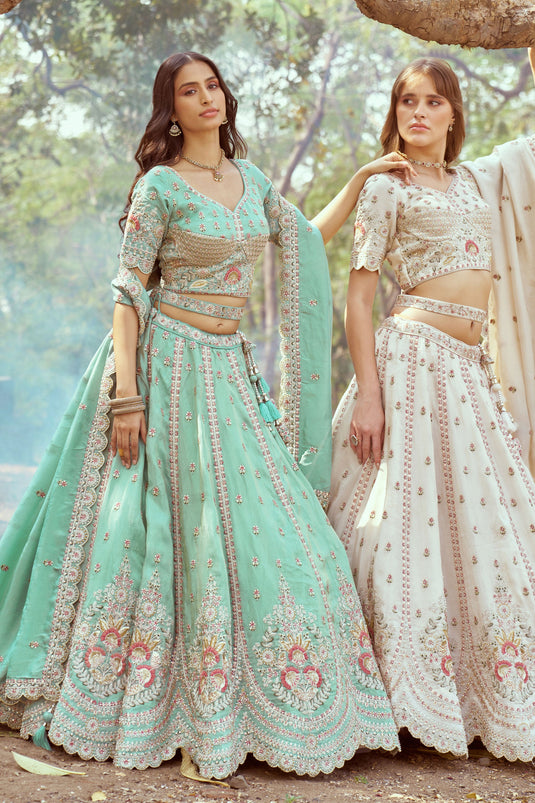 Champagne Sea Green Pure Organza Heavy Embroidered Bridal Lehenga Choli