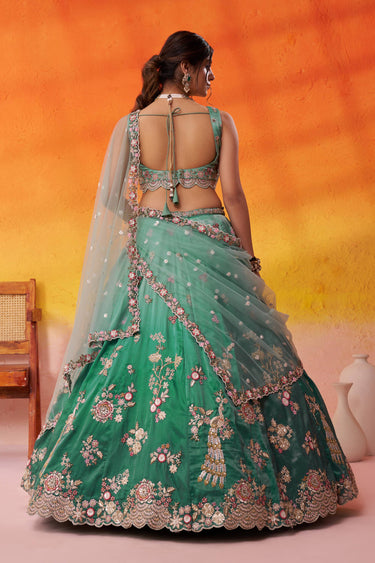 Sea Green Wedding Wear Tissue Embroidered Lehenga Choli