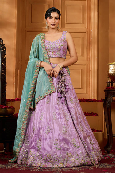 Lavender Wedding Wear Satin Silk Embroidered Lehenga Choli