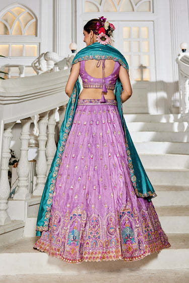 Lavender Pure Tissue Heavy Embroidered Bridal Lehenga Choli