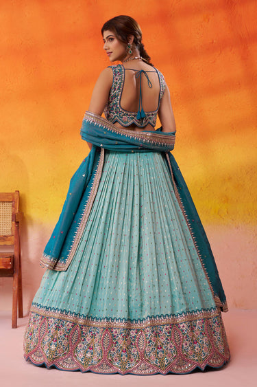 Cyan Tissue Embroidered Wedding Wear Lehenga Choli