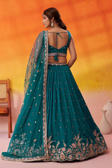Georgette Embroidered Teal Wedding Wear Lehenga Choli With Dupatta