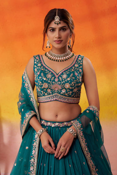 Georgette Embroidered Teal Wedding Wear Lehenga Choli With Dupatta