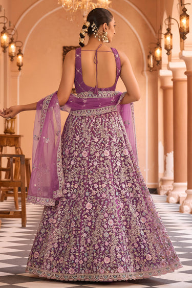 Purple Wedding Wear Net Fabric Embroidered Lehenga Choli