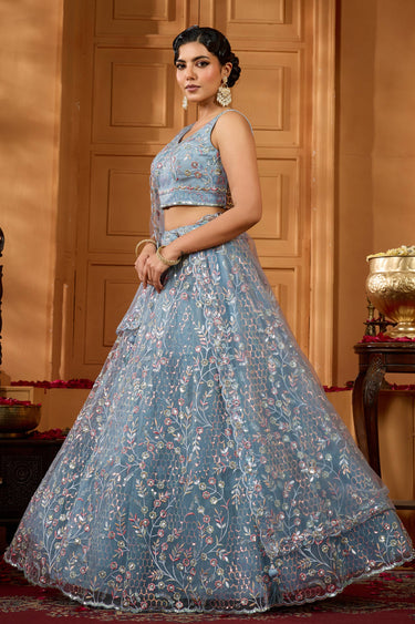 Grey Wedding Wear Net Fabric Lehenga Choli With Dupatta