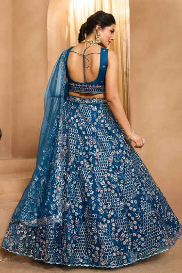 Net Fabric Embroidered Navy Blue Lehenga Choli For Wedding Wear