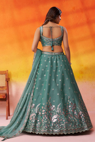 Organza Fabric Embroidered Teal Wedding Wear Lehenga Choli With Dupatta