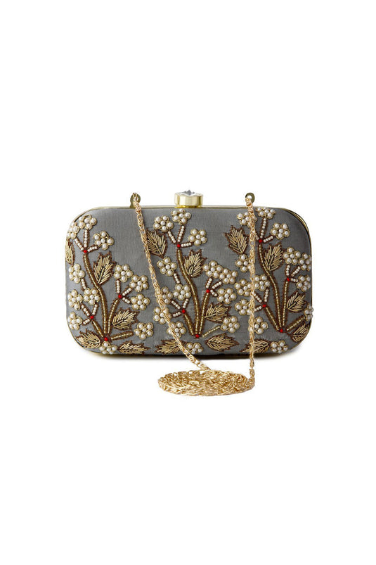 Charming Grey Color Fancy Fabric Embroidered Clutch