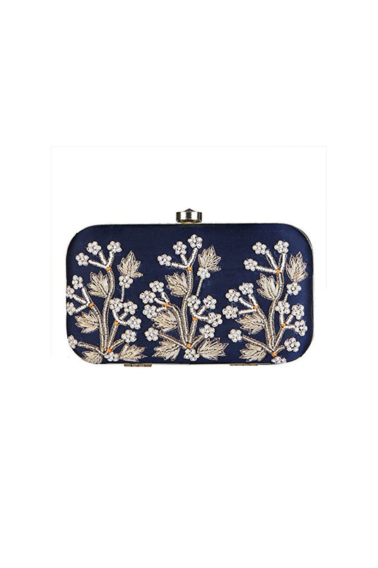 Stunning Embroidered Fancy Fabric Clutch In Navy Blue Color