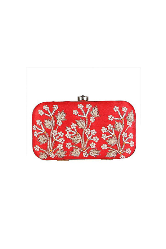Marvelous Red Fancy Fabric Embroidered Clutch