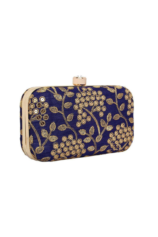 Marvellous Fancy Fabric Party Style Clutch Purses In Navy Blue Color