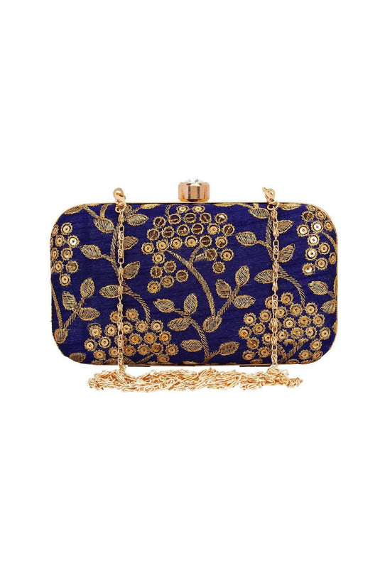 Marvellous Fancy Fabric Party Style Clutch Purses In Navy Blue Color