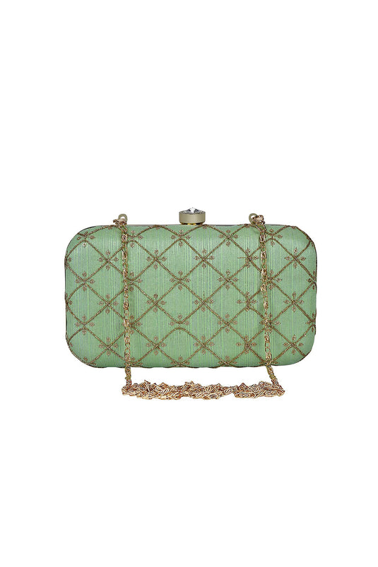 Sea Green Color Party Style Sober Clutch Purses In Fancy Fabric