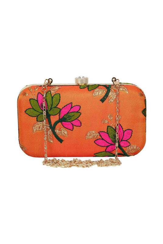 Fancy Fabric Orange Color Party Style Delicate Clutch