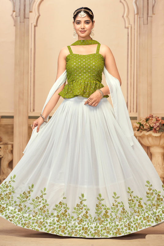 Incredible Embroidered Work On Georgette Fabric White Color Lehenga