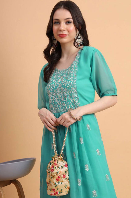 Engaging Sea Green Color Georgette Fabric Readymade Kurti