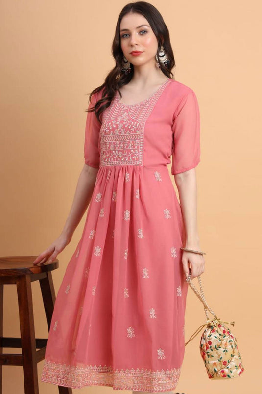 Trendy Georgette Fabric Pink Color Readymade Kurti