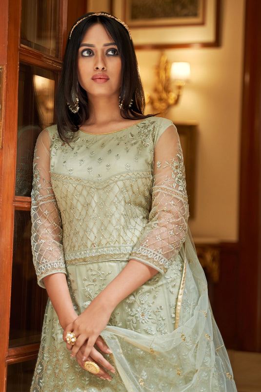 Net Fabric Function Style Beatific Anarkali Suit In Sea Green Color