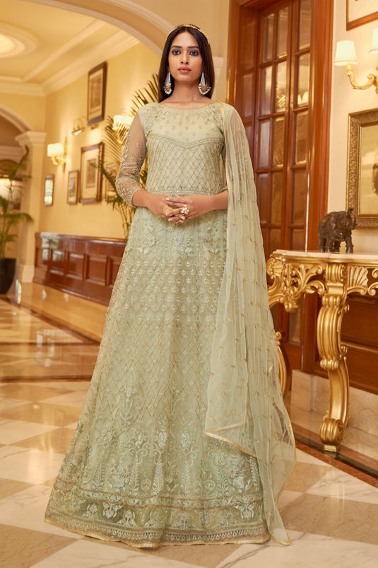 Net Fabric Function Style Beatific Anarkali Suit In Sea Green Color