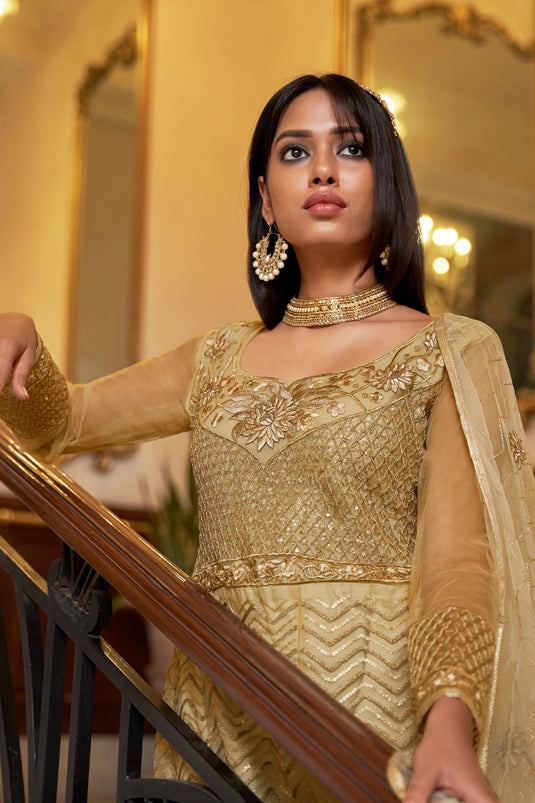 Inventive Function Style Beige Color Anarkali Suit In Net Fabric