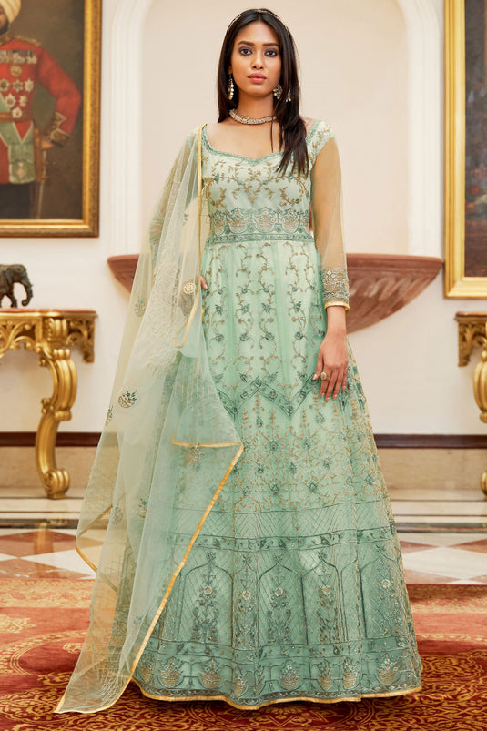 Light Cyan Color Net Fabric Function Style Classic Anarkali Suit