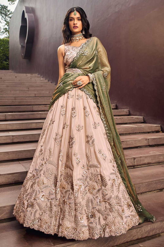 Ingenious Beige Color Rayon Fabric Lehenga