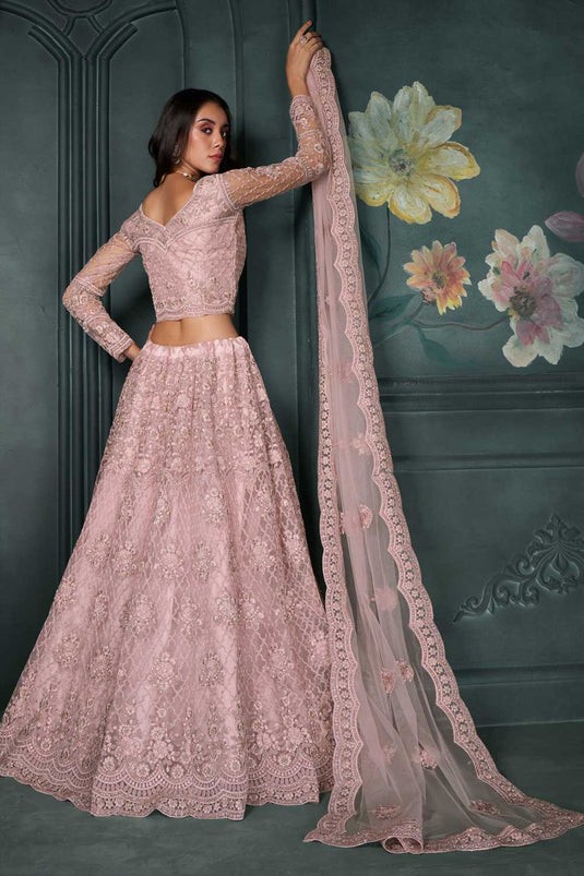 Glorious Wedding Wear Pink Color Net Fabric Lehenga