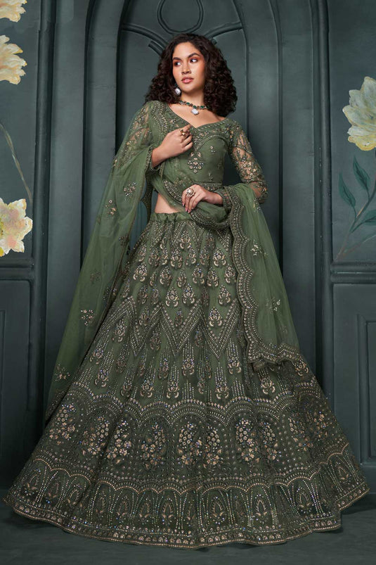 Blazing Mehendi Green Color Wedding Wear Net Fabric Lehenga